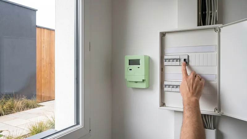Tableau électrique ouvert et compteur communicant dans un local technique