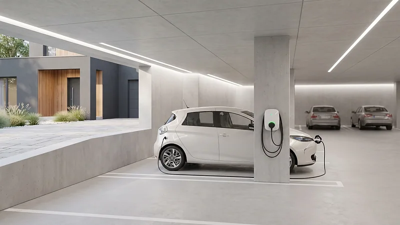 Voiture électrique en charge sur une borne fixée à un pilier, dans le parking d'un immeuble