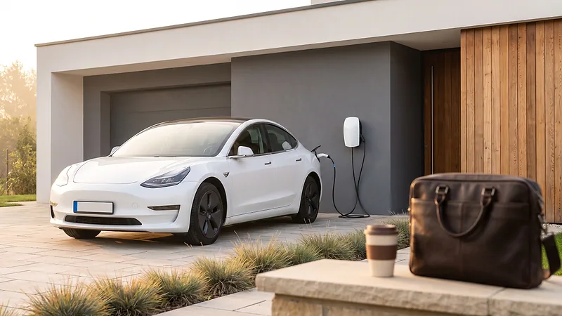 Voiture électrique en charge devant une maison au petit matin, une sacoche de travail posée sur un muret