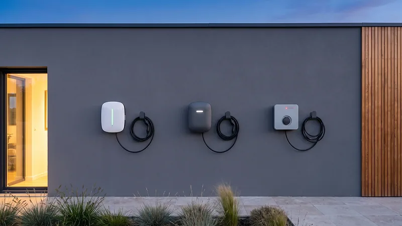 Trois bornes de recharge murales de formes différentes, alignées sur le mur d'une maison