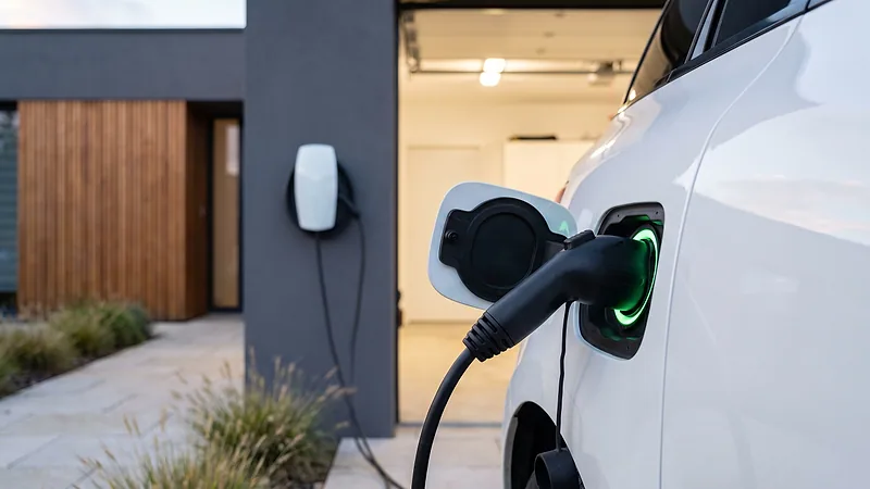 Connecteur de recharge branché sur le flanc d'une voiture électrique blanche