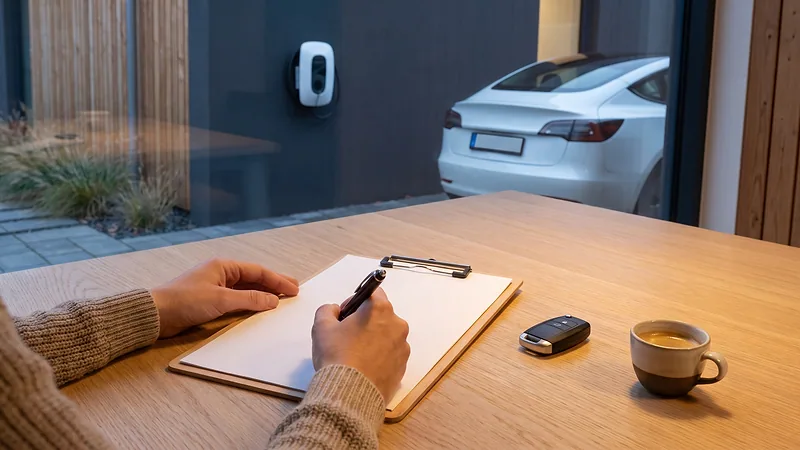 Une personne remplit un document sur une table, une voiture électrique en charge derrière la fenêtre