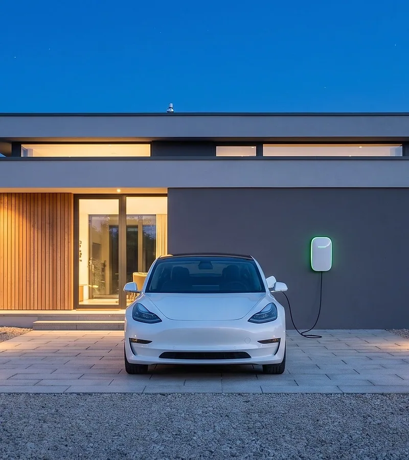 Maison contemporaine à la nuit tombante, voiture électrique en charge devant l'entrée