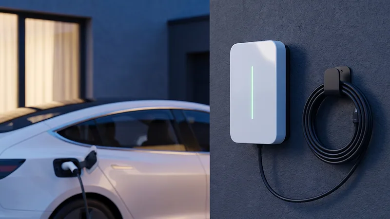Borne de recharge blanche fixée sur le mur d'une maison