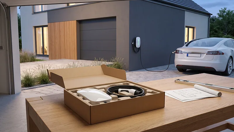 Une borne de recharge neuve dans son carton, sur un établi