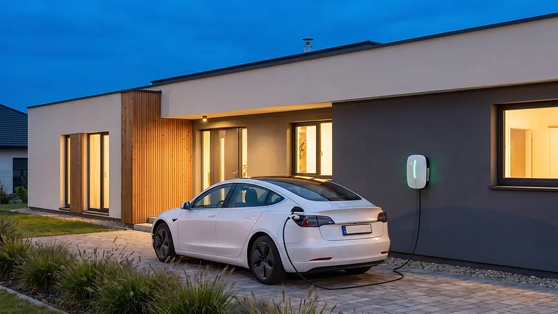 Voiture électrique branchée devant une maison à la tombée du jour