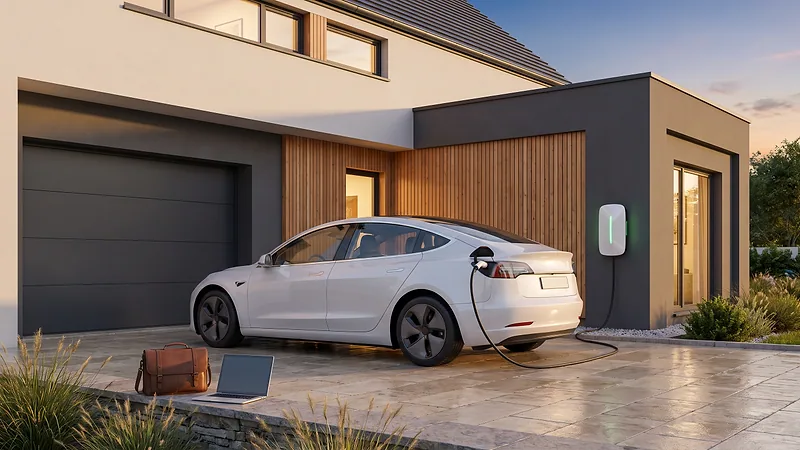 Voiture électrique en charge devant une maison, une sacoche de travail posée sur le muret