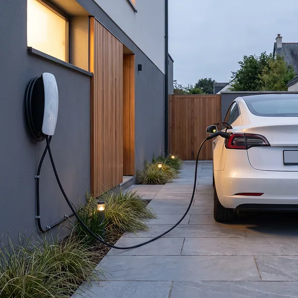 Voiture électrique en charge dans une allée, le câble longe le mur de la maison