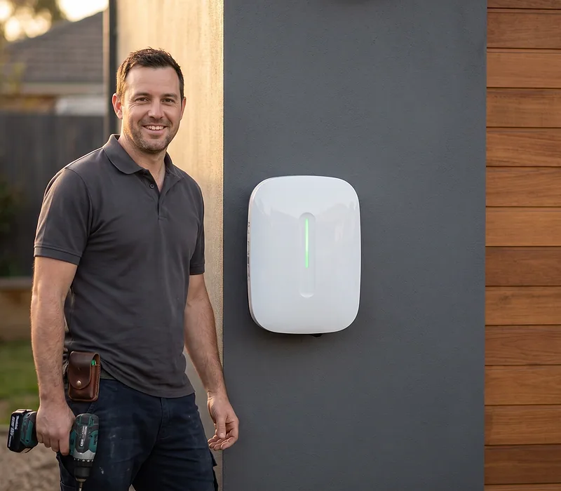 Un électricien souriant à côté d'une borne de recharge qu'il vient de poser